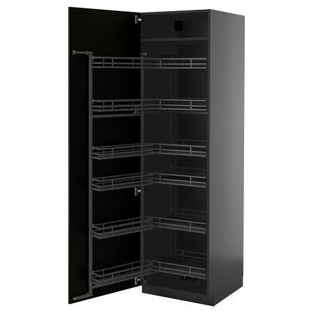 METOD Высокий шкаф с выдвижным модулем - черно-серый/Bodbyn чёрный 60x60x200 см