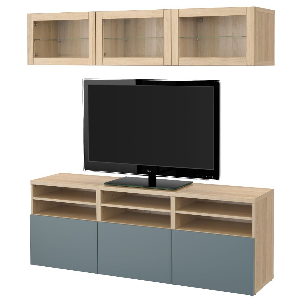 Шкаф для ТВ, комбинированный, стекляные дверцы БЕСТО, под беленый дуб, Вальвикен серо-бирюзовый, прозрачное стекло (180x40x192 - фото 1