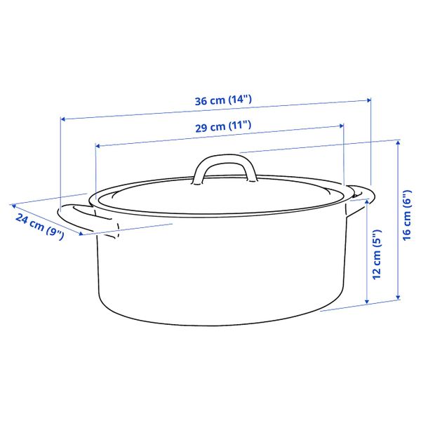 Кастрюля с крышкой, эмалированная сталь 5 л IKEA VARDAGEN ВАРДАГЕН 403.911.29 - схема-чертеж с размерами