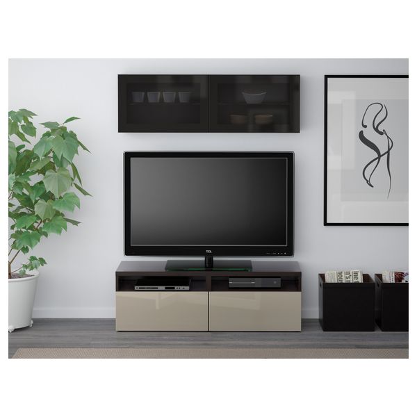 Шкаф для ТВ, комбинированный, стекляные дверцы БЕСТО, черно-коричневый, Сельсвикен глянцевый/бежевый/дымчатое стекло - фото 2