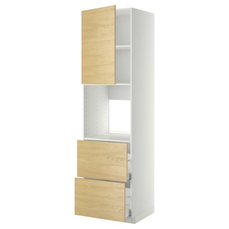 Высокий шкаф для духовки + дверца, 2 форнтальных, 2 высоких ящик МЕТОД / МАКСИМЕРА, белый, Тингсрид береза