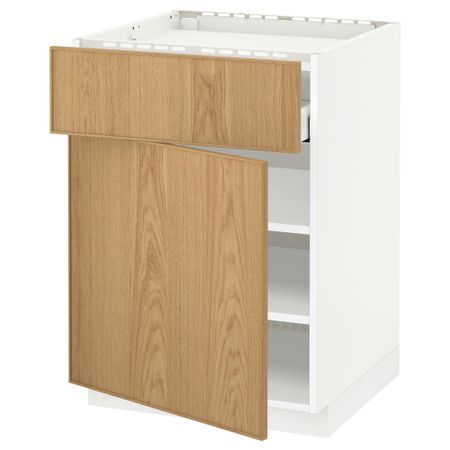 Напольный шкаф для варочной панели, ящик, полка, дверцы МЕТОД / МАКСИМЕРА, белый, Экестад дуб (60x60 см)