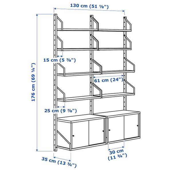 Комбинация для хранения, бамбук/белый 130x35x176 см IKEA SVALNÄS СВАЛЬНЭС 592.051.13 - схема-чертеж с размерами