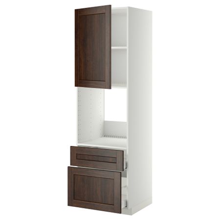 Высокий шкаф для духовки + дверь, 2 ящика МЕТОД / МАКСИМЕРА, белый, Эдсерум коричневый