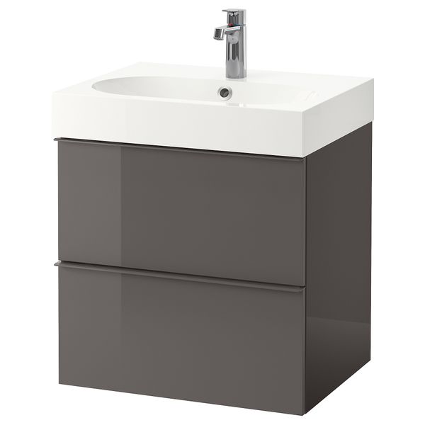 Шкаф для раковины с 2 ящиками, 61x49x68 см, глянцевый серый IKEA GODMORGON ГОДМОРГОН 698.843.57 - фото 2