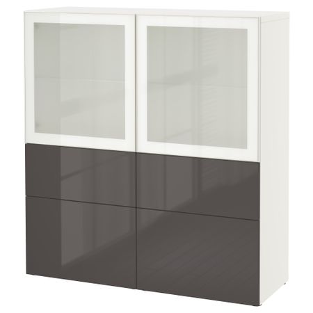 Комбинация для хранения со стеклянными дверцами БЕСТО, белый, Сельсвикен глянцевый/серый матовое стекло (120x40x128 см)