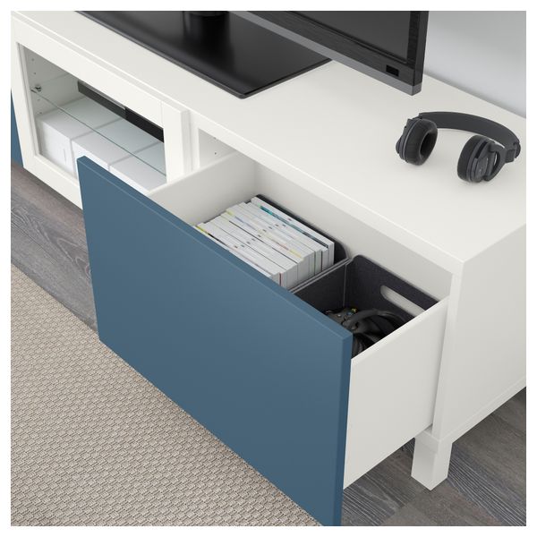 Тумба под ТВ с ящиками и дверцей БЕСТО, белый Вальвикен, темно-синий прозрачное стекло (180x40x48 см) - фото 4