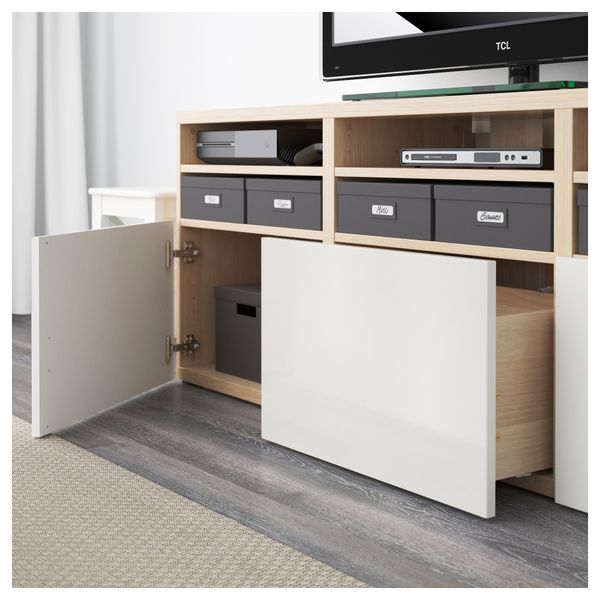 Шкаф для ТВ, комбинированный, стекляные дверцы БЕСТО, под беленый дуб, Сельсвикен глянцевый/белый матовое стекло (180x40x192 см) - фото 3