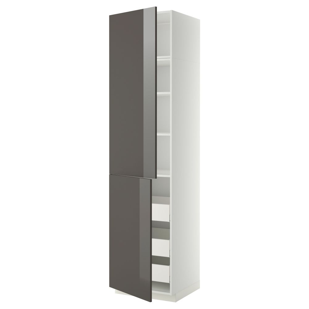 Высокий шкаф + полки, 3 ящика, 2 дверцы МЕТОД / МАКСИМЕРА, белый, Рингульт серый - фото 1