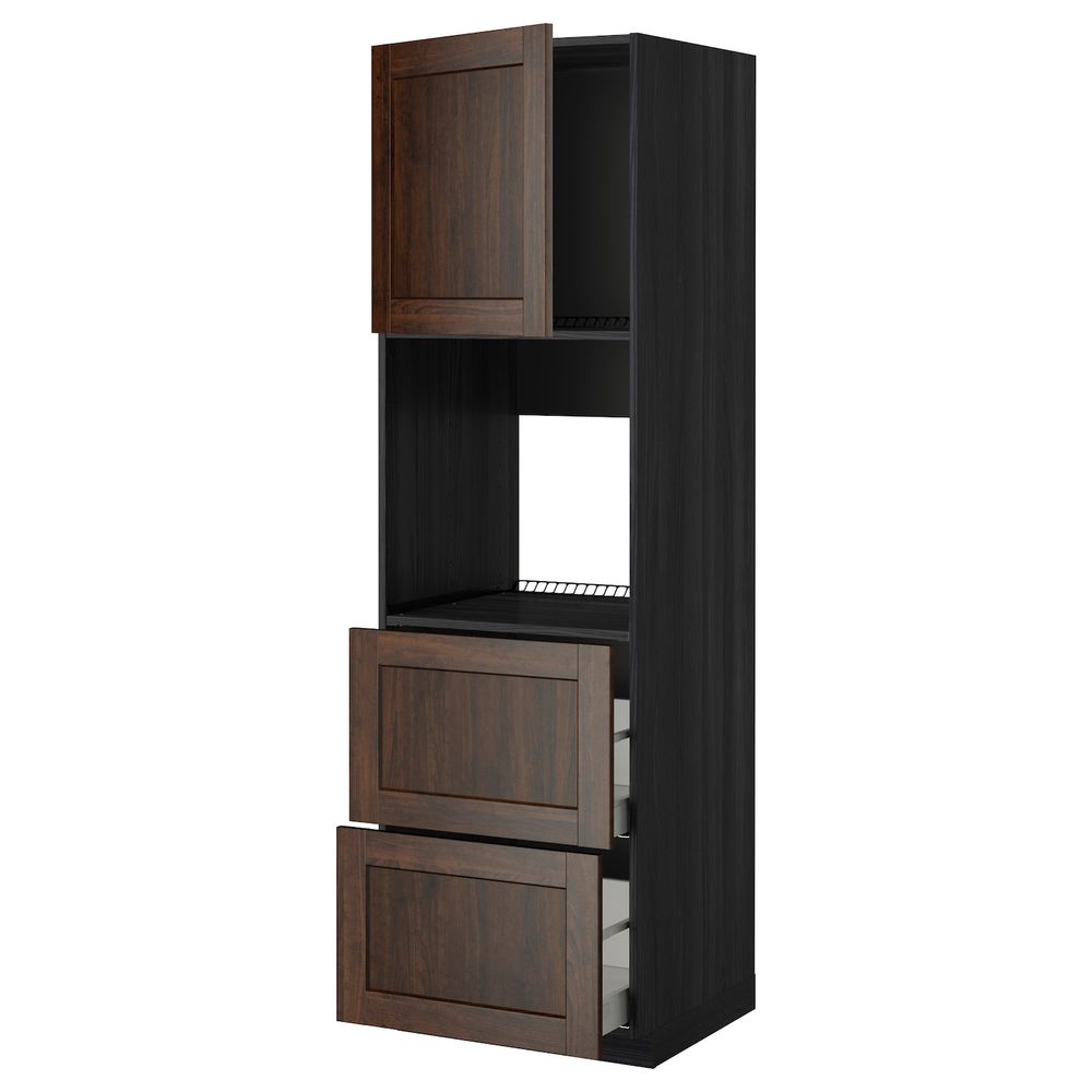 Высокий шкаф для духовки + дверца, 2 форнтальных, 2 высоких ящ, черный/Эдсерум коричневый 60x60x200 см IKEA МЕТОД / МАКСИМЕРА - фото 1