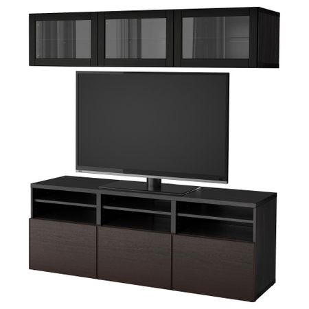 Шкаф для ТВ, комбинированный, стекляные дверцы БЕСТО, черно-коричневый Инвикен, Синдвик черно-коричневый прозрачное стекло