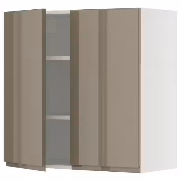 METOD Навесной шкаф с полками/2дверцы - белый/Voxtorp глянцевый темный серо-коричневый 80x80 см - фото 1