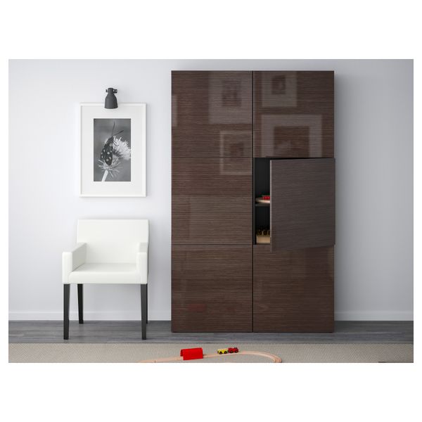 Комбинация для хранения с дверцами БЕСТО, черно-коричневый, Сельсвикен глянцевый/коричневый (120x40x192 см) - фото 2