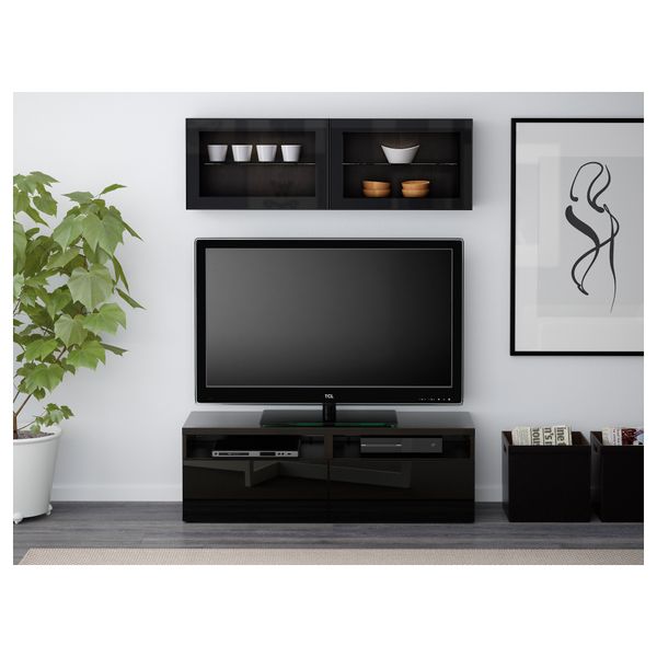 Шкаф для ТВ, комбинированный, стекляные дверцы БЕСТО, черно-коричневый, Сельсвикен глянцевый/черный прозрачное стекло - фото 2