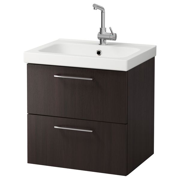 Шкаф для раковины с 2 ящиками ГОДМОРГОН / ОДЕНСВИК, черно-коричневый (60x49x64 см) - фото 2