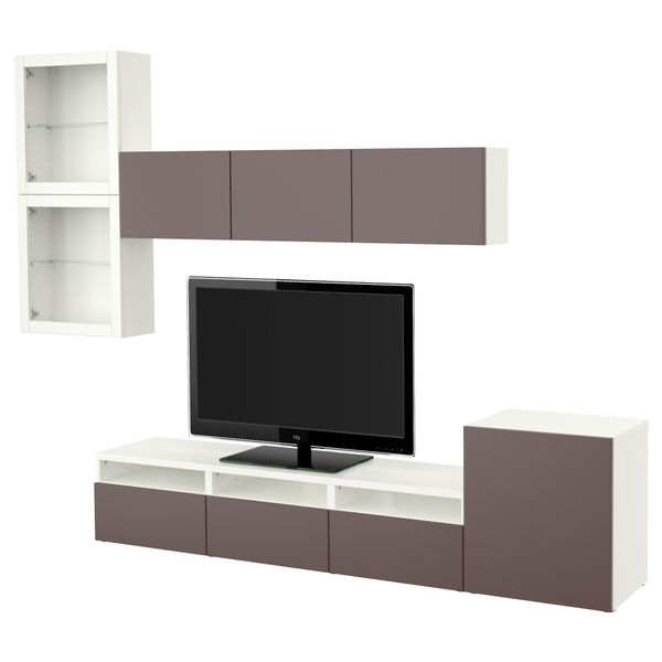 Шкаф для ТВ, комбинированный, стекляные дверцы БЕСТО, белый, Вальвикен темно-коричневый, прозрачное стекло (300x20/40x211 см) - фото 1