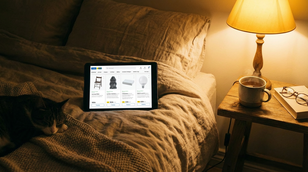Планшет с открытым каталогом мебели AIKEA лежит на кровати рядом со спящим котом. Уютное ночное освещение от настольной лампы, рядом чашка чая и книга.