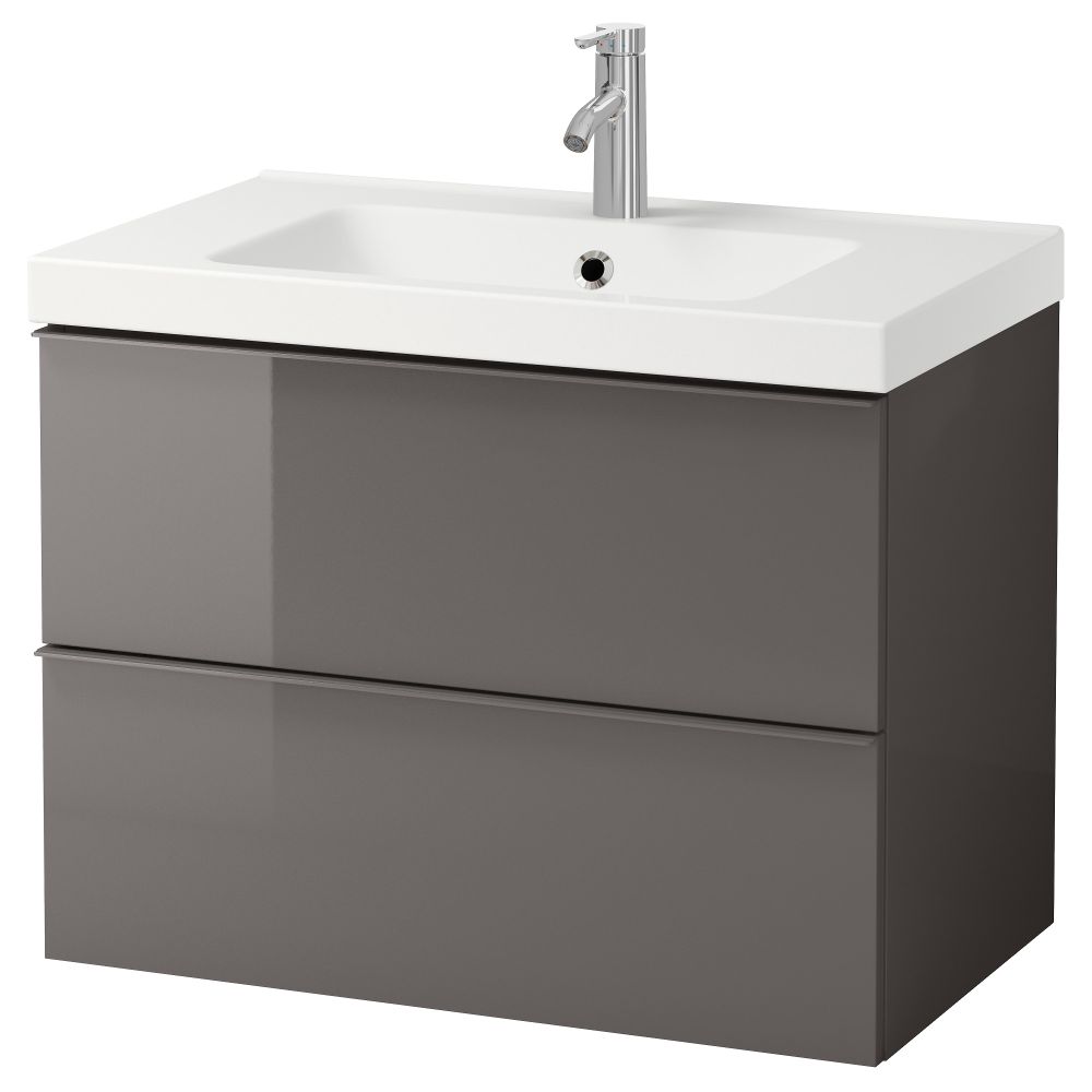 Шкаф для раковины с 2 ящиками, 83x49x64 см, глянцевый серый ДАЛЬШЕР смеситель IKEA ODENSVIK ОДЕНСВИК, GODMORGON ГОДМОРГОН - фото 1