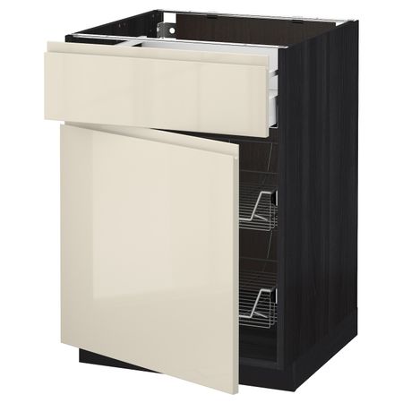 Напольный шкаф с проволочной корзиной/ящ/дверью, черный, Воксторп глянцевый светло-бежевый 60x60 см IKEA МЕТОД 792.382.21