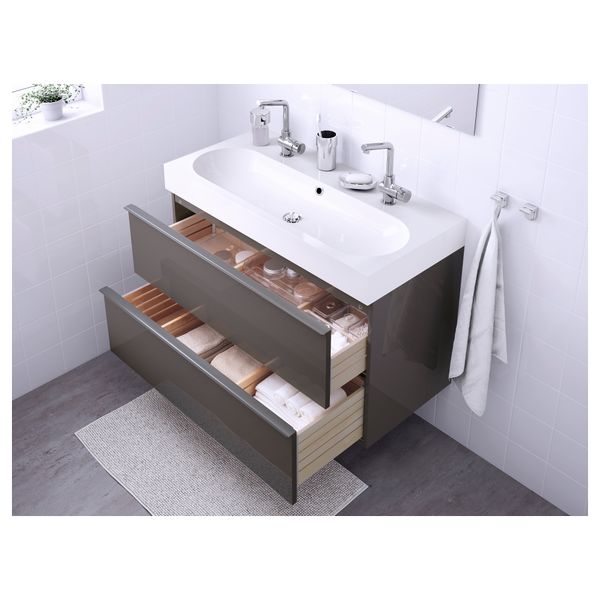 Шкаф для раковины с 2 ящиками ГОДМОРГОН / БРОВИКЕН, глянцевый серый (100x49x68 см) - фото 3