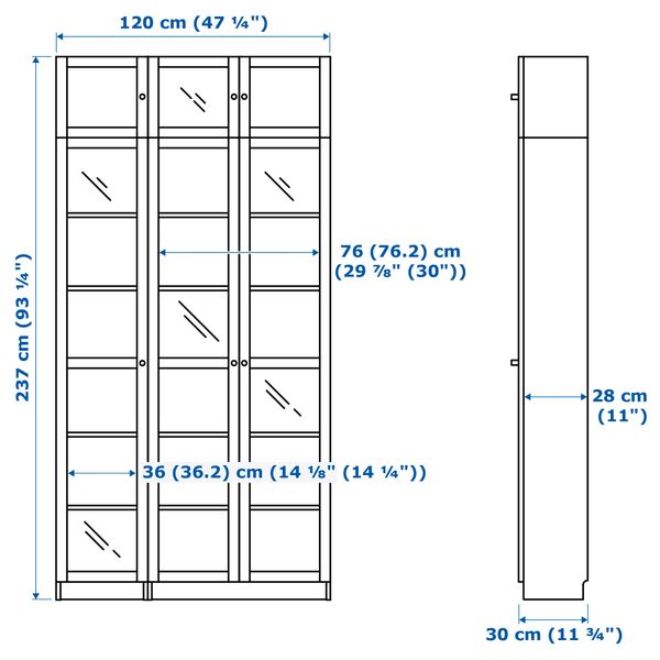 Стеллаж БИЛЛИ / ОКСБЕРГ, дубовый шпон, стекло (120x237x30 см) - схема-чертеж с размерами