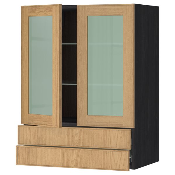 Навесной шкаф, 2 стеклянные дверцы, 2 ящика МЕТОД / ФОРВАРА, черный, Экестад дуб - схема-чертеж с размерами