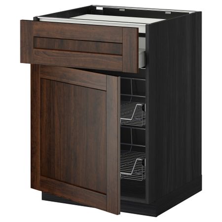 Напольный шкаф для варочной панели, ящик, 2 проволочных корзины МЕТОД / МАКСИМЕРА, черный, Эдсерум коричневый (60x60 см)