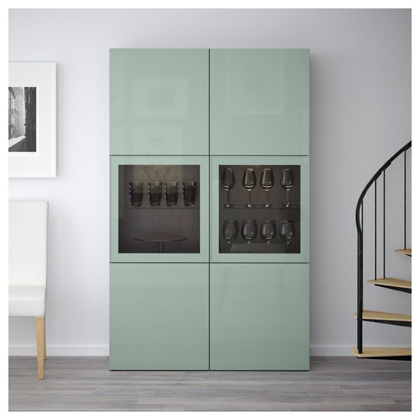 Комбинация для хранения со стеклянными дверцами БЕСТО, черно-коричневый Сельсвикен, глянцевый/серо-зеленый светлый прозрачное - фото 2