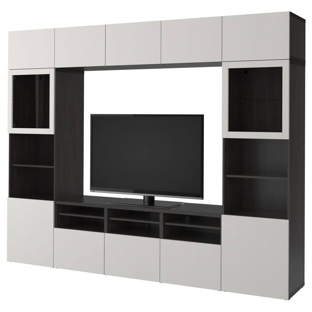 Шкаф для ТВ, комбинированный, стекляные дверцы БЕСТО, черно-коричневый, Лаппвикен светло-серый прозрачное стекло (300x40x230 см) - фото 1