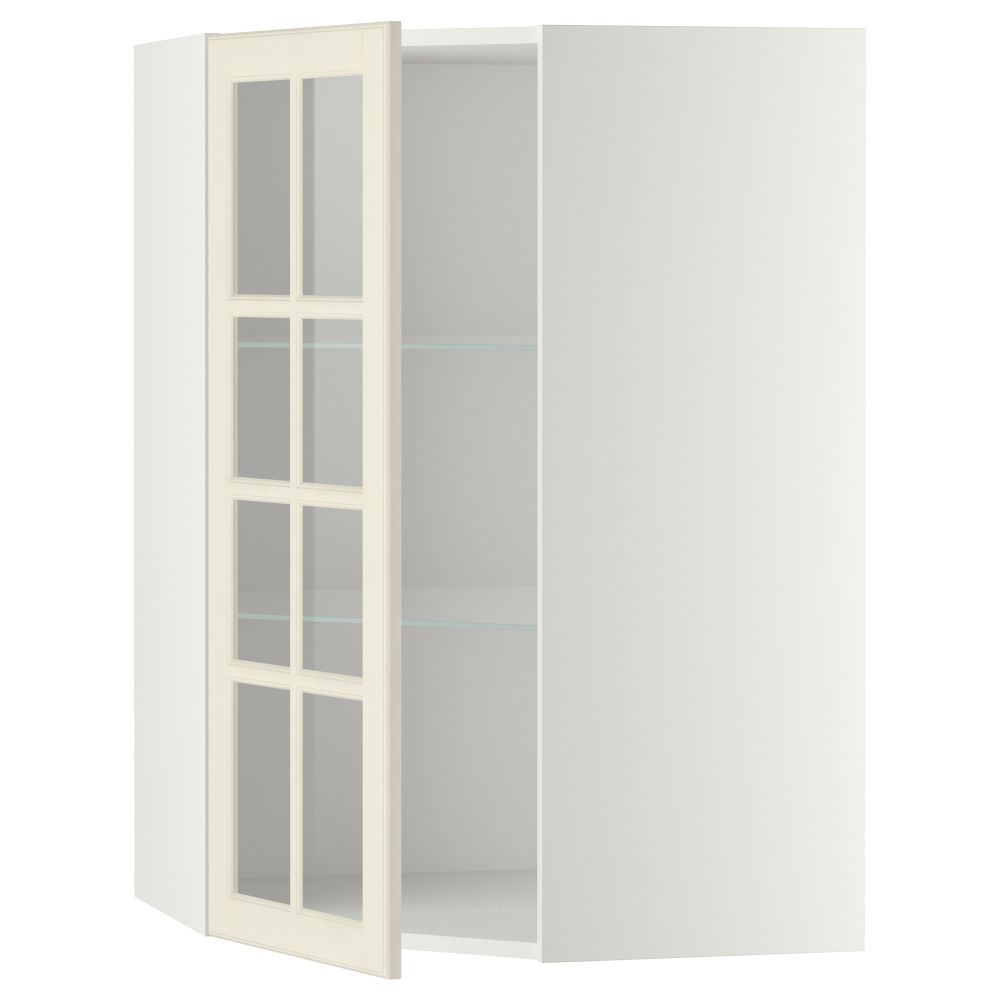 Угловой навесной шкаф с полками, стекляными дверцами МЕТОД, белый, Будбин белый с оттенком - схема-чертеж с размерами