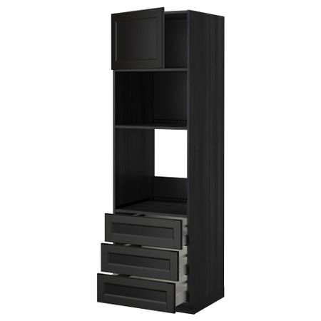 Высокий шкаф для духовки/СВЧ дверца, 3 ящика МЕТОД / МАКСИМЕРА, черный, Лаксарби черно-коричневый