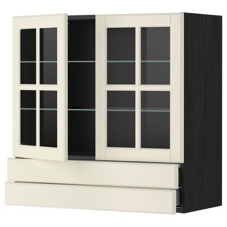 Навесной шкаф, 2 стеклянные дверцы, 2 ящика МЕТОД / МАКСИМЕРА, черный, Будбин белый с оттенком