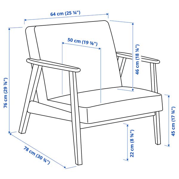 EKENÄSET Кресло - Kelinge серо-бирюзовый - схема-чертеж с размерами