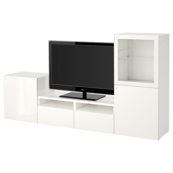Шкаф для ТВ, комбинированный, стекляные дверцы БЕСТО, белый, Сельсвикен глянцевый/белый прозрачное стекло (240x40x128 см) - фото 1