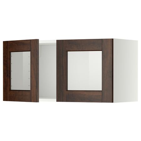 Навесной шкаф с 2 стеклянная дверями, белый/Эдсерум коричневый 80x40 см IKEA METOD МЕТОД 892.265.95