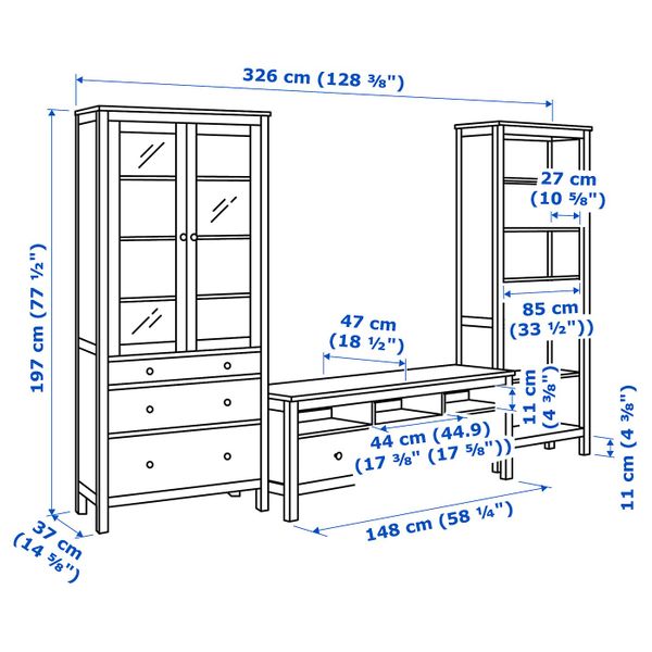 Шкаф для ТВ, комбинация, белая морилка/прозрачное стекло 326x197 см IKEA HEMNES ХЕМНЭС 992.995.67 - схема-чертеж с размерами