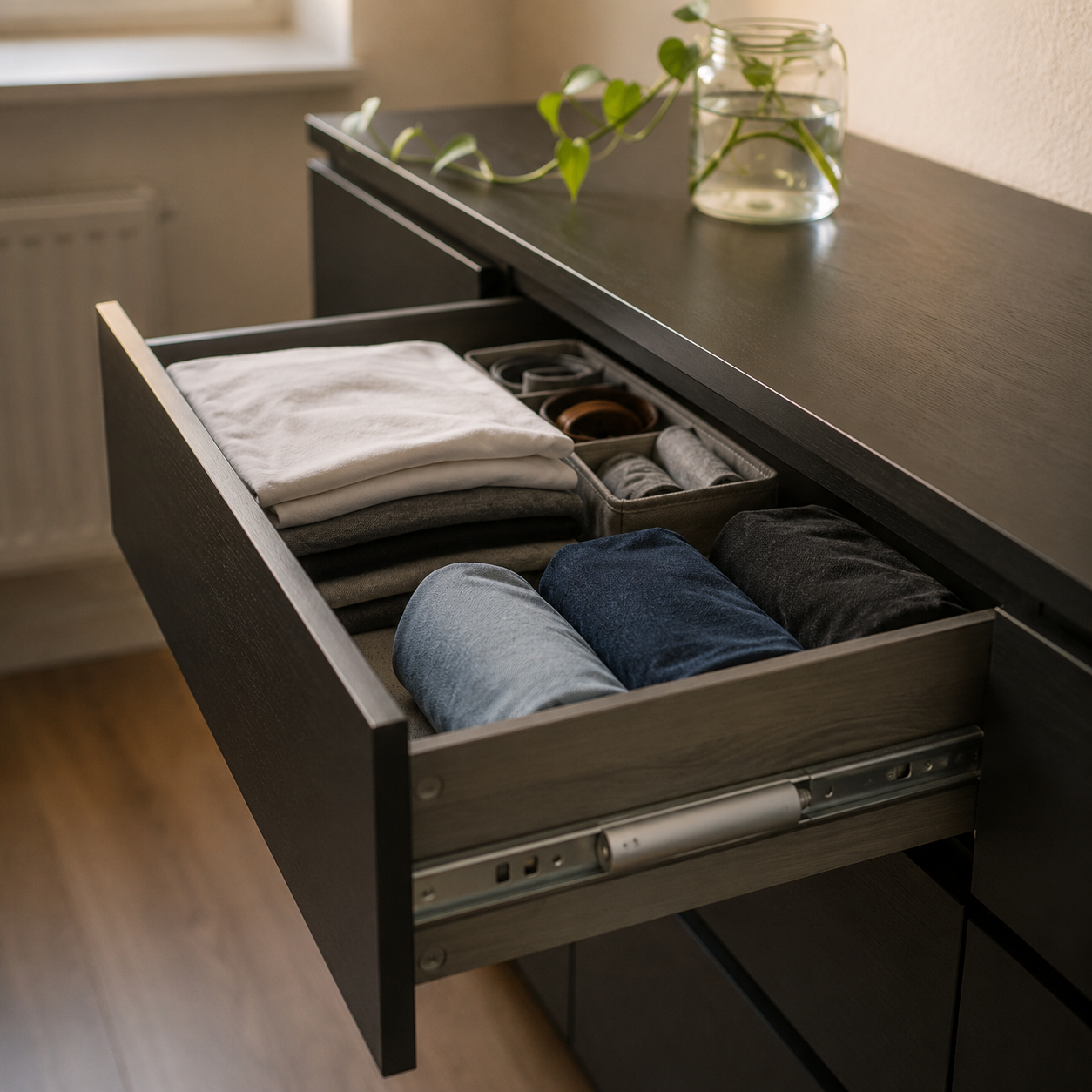 Внутренняя глубина ящика NORDLI — 37 см с доводчиком soft-closing, крупным планом