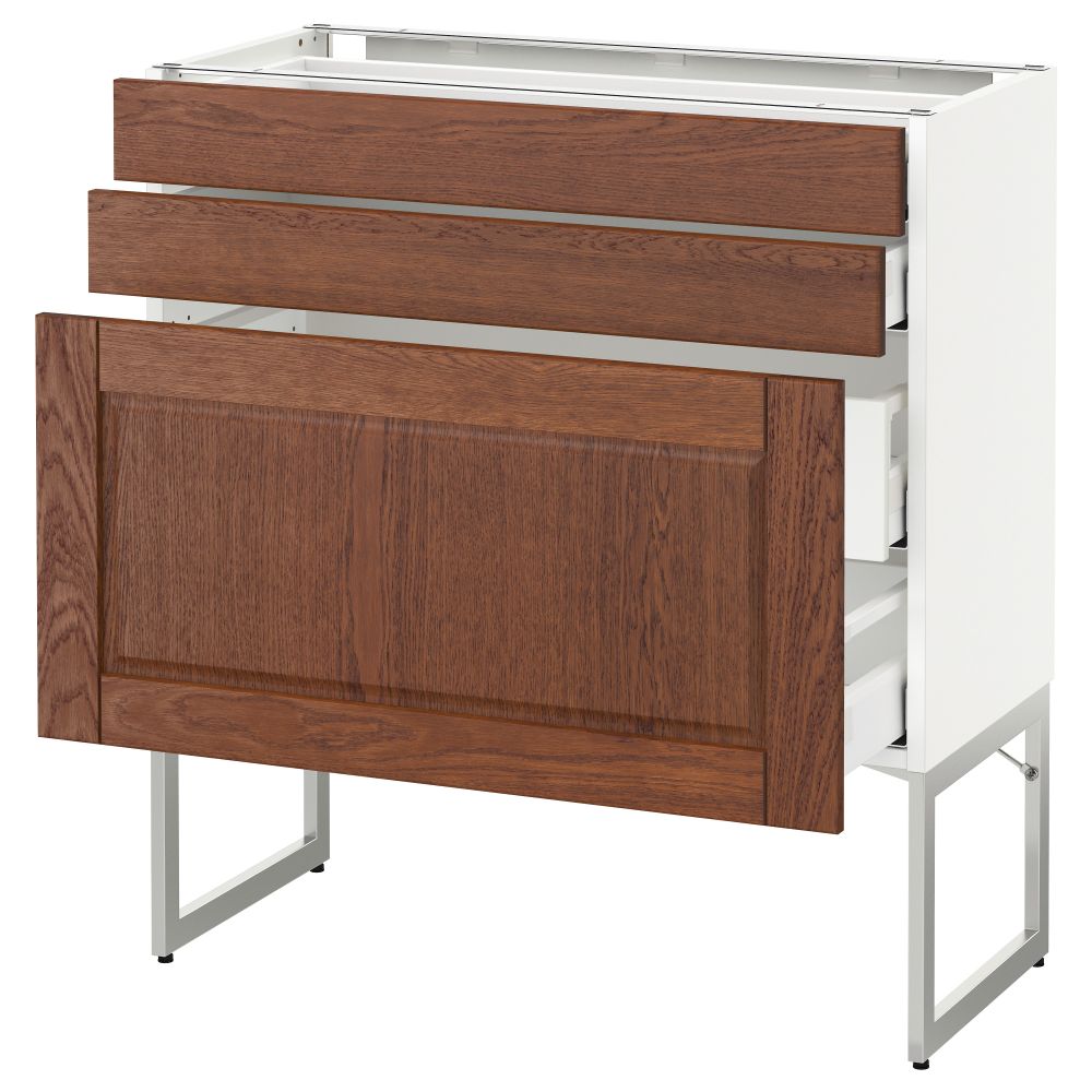Напольный шкаф 3 фронтальных панели, 2 нижних, 2 средних ящика МЕТОД / МАКСИМЕРА, белый, Филипстад коричневый - схема-чертеж с размерами