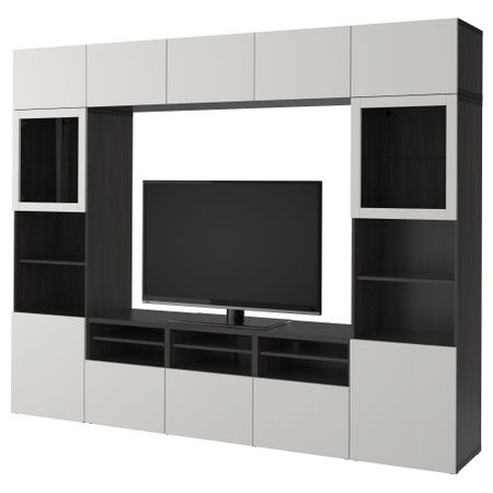 Шкаф для ТВ, комбинированный, стекляные дверцы БЕСТО, черно-коричневый, Лаппвикен светло-серый прозрачное стекло (300x40x230 см)