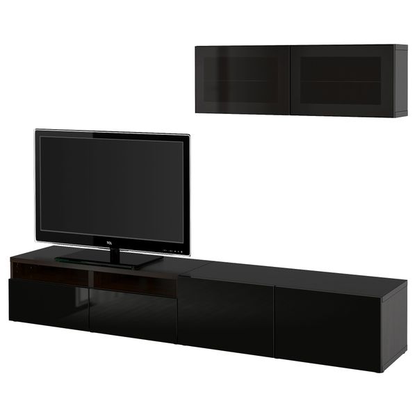 Шкаф для ТВ, комбинированный, стекляные дверцы БЕСТО, черно-коричневый, Сельсвикен глянцевый/черный дымчатое стекло - фото 1