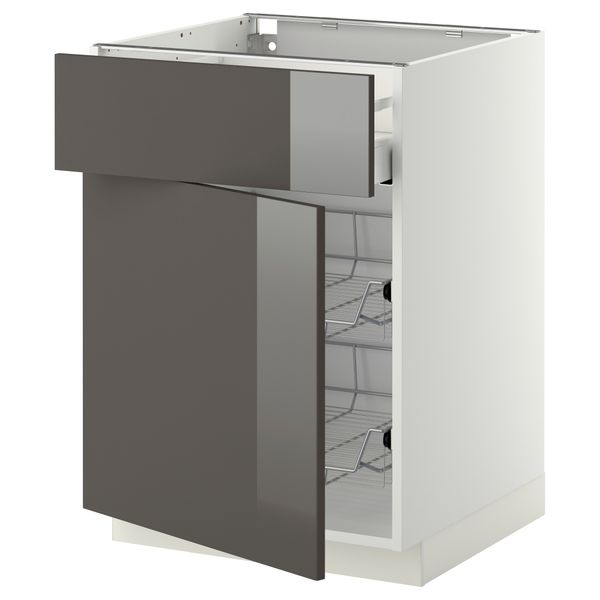 Напольный шкаф с проволочной корзиной, ящиком, дверью МЕТОД / МАКСИМЕРА, белый, Рингульт серый - схема-чертеж с размерами