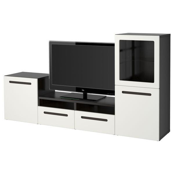 Шкаф для ТВ, комбинированный, стекляные дверцы БЕСТО, черно-коричневый, Марвикен белый прозрачное стекло (240x40x128 см) - фото 1