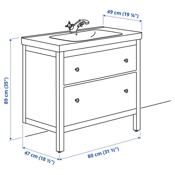 Шкаф для раковины с 2 ящиками, 83x49x89 см, белый, РУНШЕР смеситель IKEA ODENSVIK ОДЕНСВИК, HEMNES ХЕМНЭС 692.934.30 - схема-чертеж с размерами