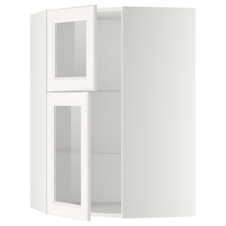 Угловой навесной шкаф + полки, 2 стеклянные дверцы МЕТОД, белый, Лаксарби белый (68x100 см)