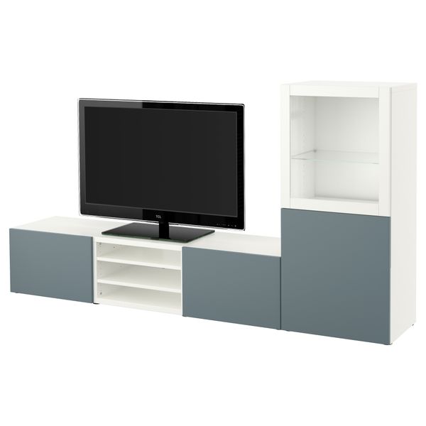 Шкаф для ТВ, комбинированный, стекляные дверцы БЕСТО, белый, Вальвикен серо-бирюзовый, прозрачное стекло (240x40x128 см) - фото 1