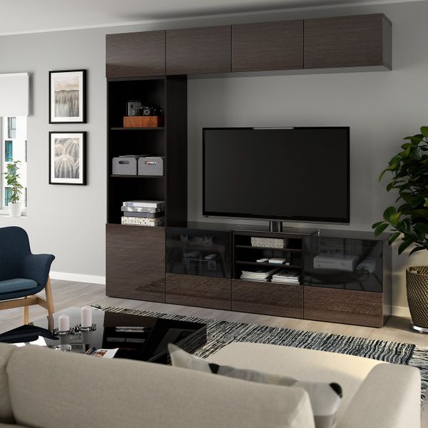 Шкаф для ТВ, комбинированный, стекляные дверцы, черно-коричневый/Сельсвикен глянцевый, коричневый дымчат стекло 240x40x230 см - фото 2