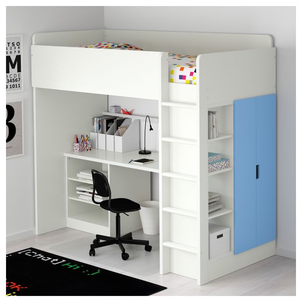 Кровать-чердак, 2 полки, 2 дверцы СТУВА, белый, синий (207x99x193 см) - фото 2