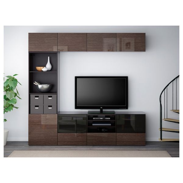 Шкаф для ТВ, комбинированный, стекляные дверцы, черно-коричневый/Сельсвикен глянцевый, коричневый дымчат стекло 240x40x230 см - фото 3