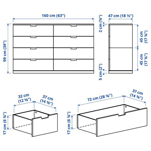 NORDLI Комод с 8 ящиками - белый 160x99 см - схема-чертеж с размерами