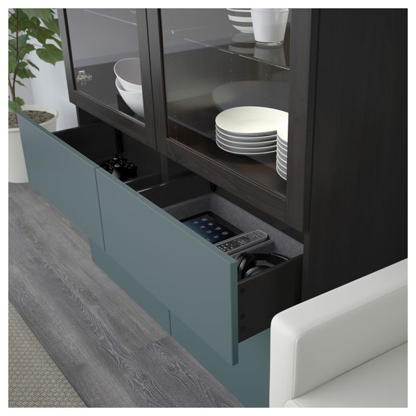 Комбинация для хранения со стеклянными дверцами БЕСТО, черно-коричневый, Вальвикен серо-бирюзовый, прозрачное стекло (120x40x128 - схема-чертеж с размерами